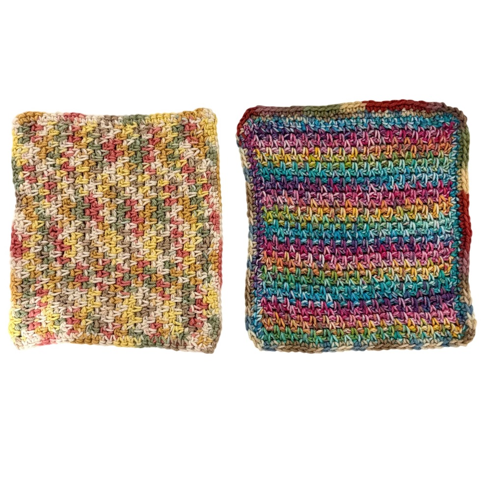 Handmade Crochet Dishcloth Set of 2 Rainbow Pastel Cotton Washcloths 9.5x8